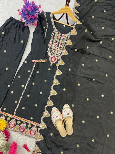 Elegant Black Chinon Silk Embroidery Palazzo Suit Set - BONYHUBSALWAR KAMEEZ
