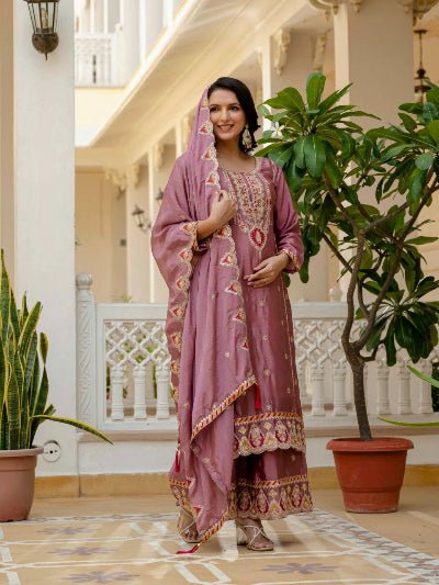 Mauve Pink Chinon Silk Embroidery Palazzo Suit Set - BONYHUBSALWAR KAMEEZ