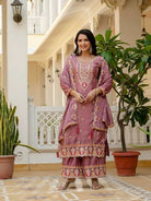 Mauve Pink Chinon Silk Embroidery Palazzo Suit Set - BONYHUBSALWAR KAMEEZ