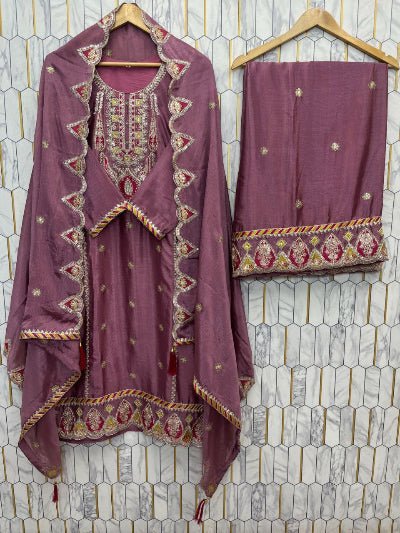 Mauve Pink Chinon Silk Embroidery Palazzo Suit Set - BONYHUBSALWAR KAMEEZ