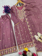 Mauve Pink Chinon Silk Embroidery Palazzo Suit Set - BONYHUBSALWAR KAMEEZ