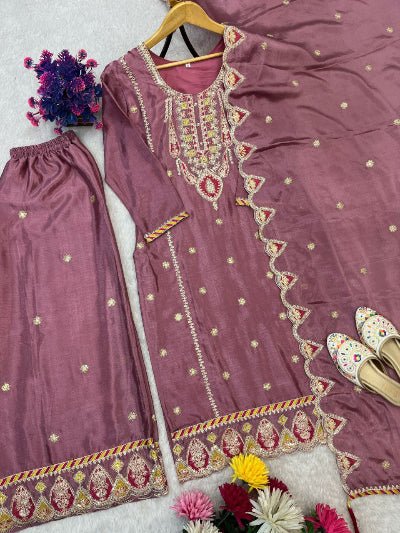 Mauve Pink Chinon Silk Embroidery Palazzo Suit Set - BONYHUBSALWAR KAMEEZ