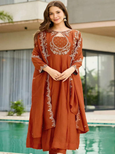 Burnt Orange Embroidery Cutwork Anarkali Suit