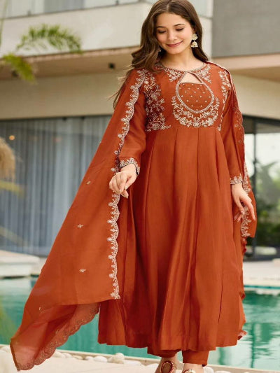 Burnt Orange Embroidery Cutwork Anarkali Suit