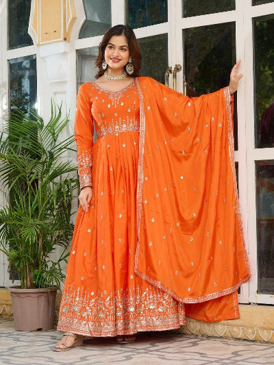 Orange Thread &amp; Sequence Work Anarkali Gown Suit Set