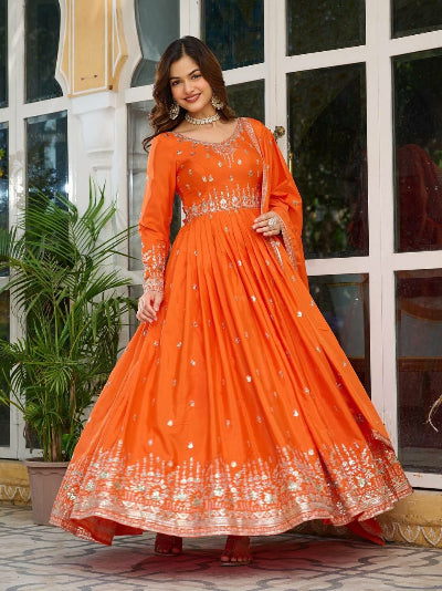 Orange Thread &amp; Sequence Work Anarkali Gown Suit Set