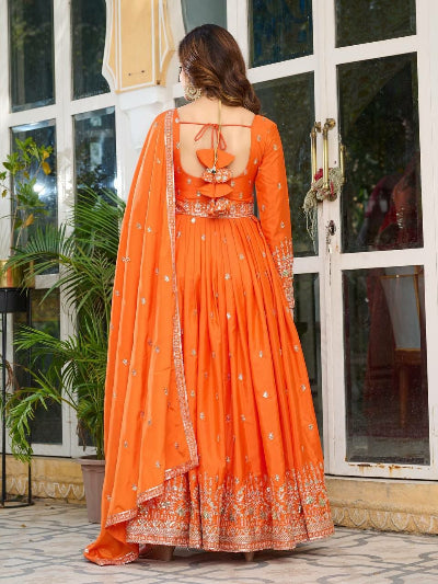 Orange Thread &amp; Sequence Work Anarkali Gown Suit Set