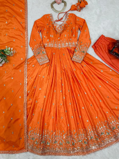 Orange Thread &amp; Sequence Work Anarkali Gown Suit Set
