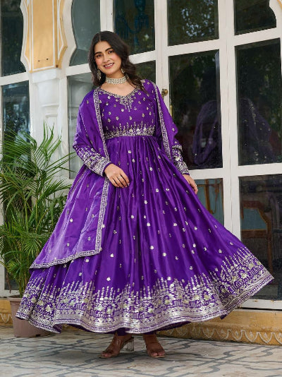Purple Thread &amp; Sequence Work Anarkali Gown Suit Set