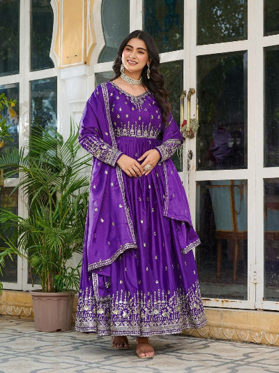 Purple Thread &amp; Sequence Work Anarkali Gown Suit Set
