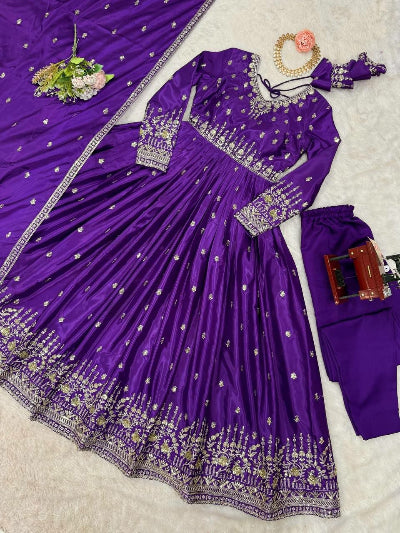 Purple Thread &amp; Sequence Work Anarkali Gown Suit Set