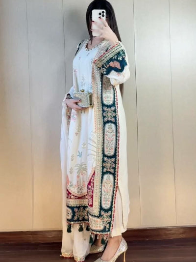 White Embroidery Work Straight Suit For Women