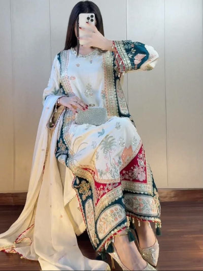White Embroidery Work Straight Suit For Women