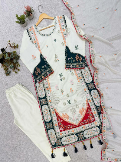White Embroidery Work Straight Suit For Women