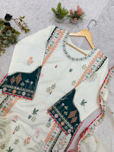 White Embroidery Work Straight Suit For Women