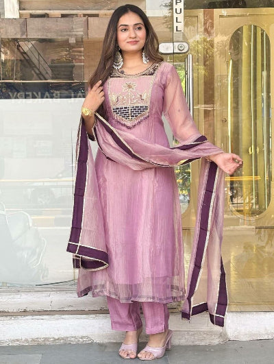Lilac Pink Embroidered 3-Piece Anarkali Asian Suit