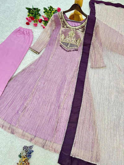 Lilac Pink Embroidered 3-Piece Anarkali Asian Suit