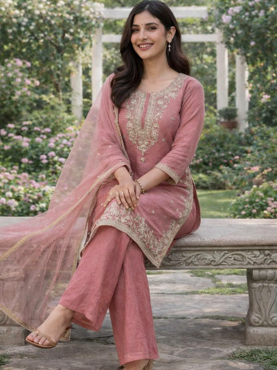 Pastel Pink Tissue Silk Embroidered Palazzo Suit