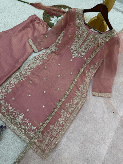 Pastel Pink Tissue Silk Embroidered Palazzo Suit