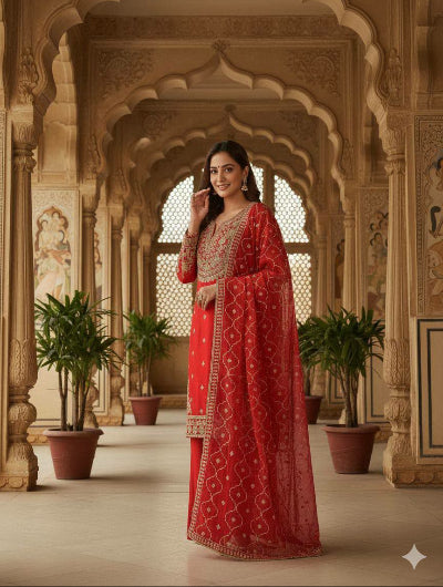 Royal Red Gold Intricate Embroidery Palazzo Suit