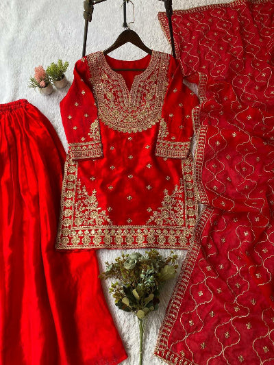 Royal Red Gold Intricate Embroidery Palazzo Suit