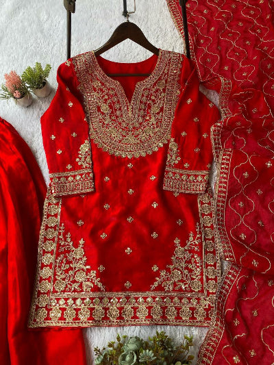 Royal Red Gold Intricate Embroidery Palazzo Suit