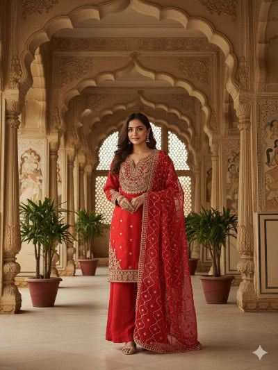 Royal Red Gold Intricate Embroidery Palazzo Suit