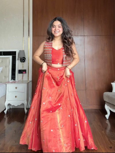 Coral Shimmer Silk Intricate Embroidery Lehenga Choli With Koti - BONYHUBSALWAR KAMEEZ