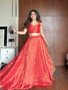 Coral Shimmer Silk Intricate Embroidery Lehenga Choli With Koti - BONYHUBSALWAR KAMEEZ