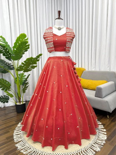 Coral Shimmer Silk Intricate Embroidery Lehenga Choli With Koti - BONYHUBSALWAR KAMEEZ