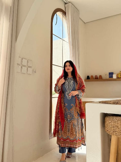 Blue Chinon Printed Straight Suit Set