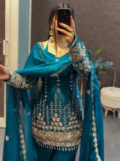 Teal Blue Fendy Silk Embroidery Bell Bottom Palazzo Suit Set