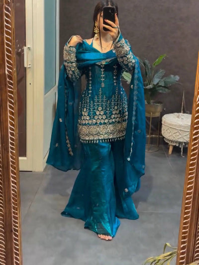 Teal Blue Fendy Silk Embroidery Bell Bottom Palazzo Suit Set
