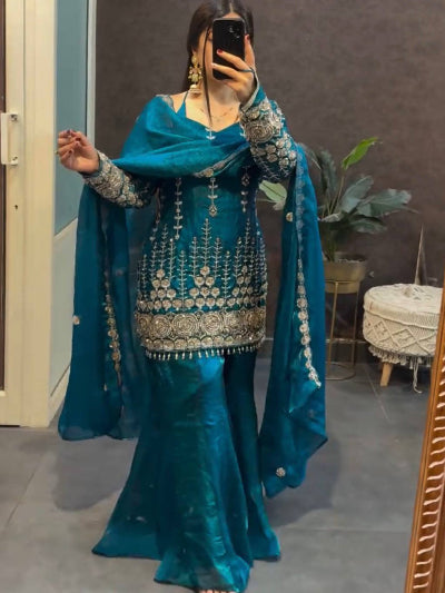 Teal Blue Fendy Silk Embroidery Bell Bottom Palazzo Suit Set