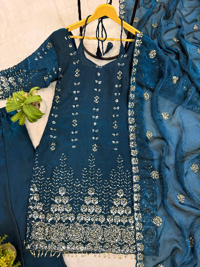 Teal Blue Fendy Silk Embroidery Bell Bottom Palazzo Suit Set