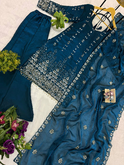 Teal Blue Fendy Silk Embroidery Bell Bottom Palazzo Suit Set