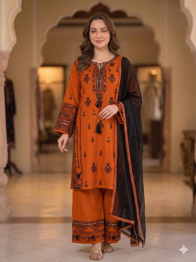 Orange &amp; Black Embroidered Rayon Suit Set