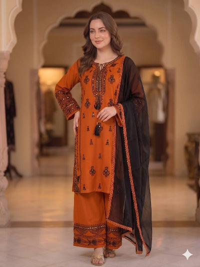 Orange &amp; Black Embroidered Rayon Suit Set