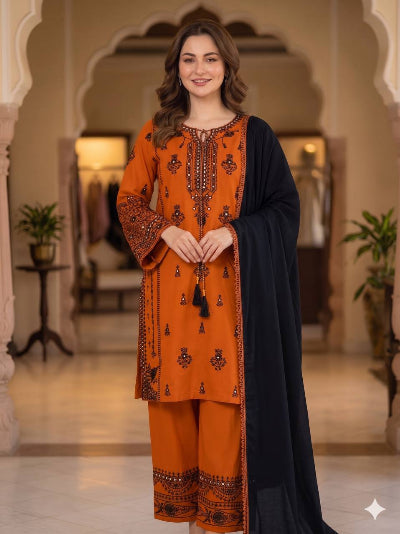 Orange &amp; Black Embroidered Rayon Suit Set