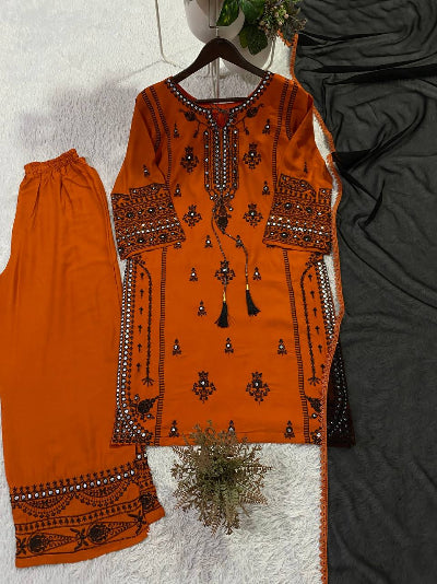 Orange &amp; Black Embroidered Rayon Suit Set
