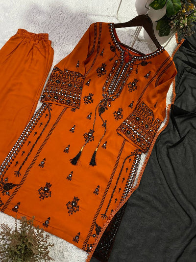 Orange &amp; Black Embroidered Rayon Suit Set