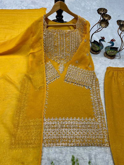 Mustard Yellow Gold Embroidery Work Palazzo Suit