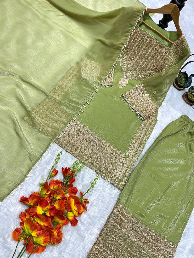 Sage Green Gold Embroidery Work Palazzo Suit
