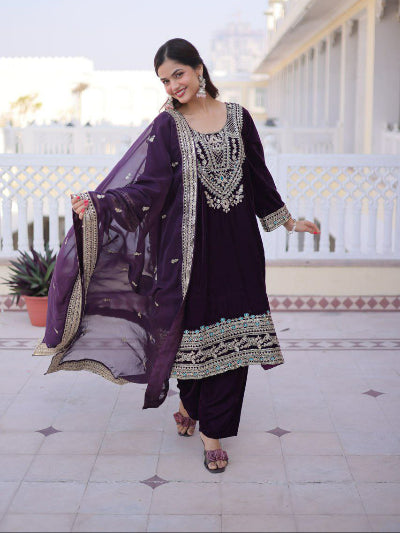 Royal Plum Velvet Bell Sleeve Embroidered Salwar Suit