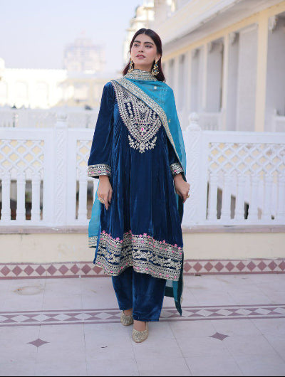 Teal Blue Velvet Bell Sleeve Embroidered Salwar Suit