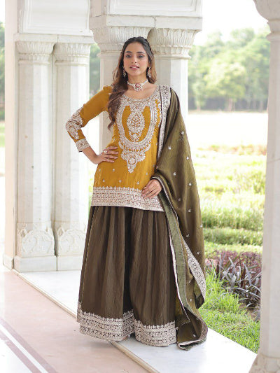 Yellow & Olive Green Embroidered Sharara Suit