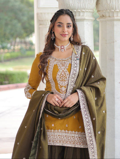 Yellow & Olive Green Embroidered Sharara Suit