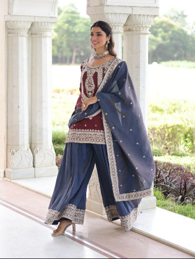 Regal Burgundy & Blue Embroidered Sharara Suit