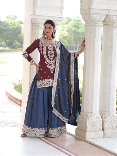 Regal Burgundy & Blue Embroidered Sharara Suit