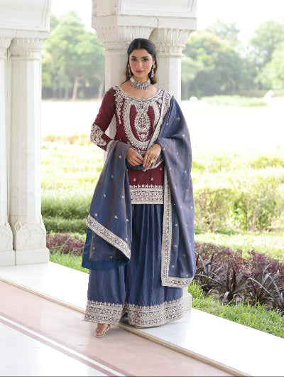 Regal Burgundy & Blue Embroidered Sharara Suit